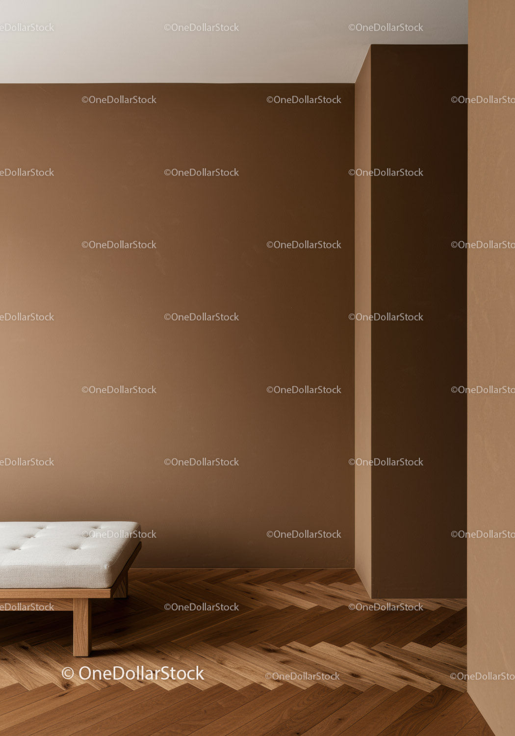 Nowoczesny, minimalistyczny pokój z brązową ścianą i drewnianą podłogą