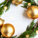 Festive golden baubles and green pine branches frame