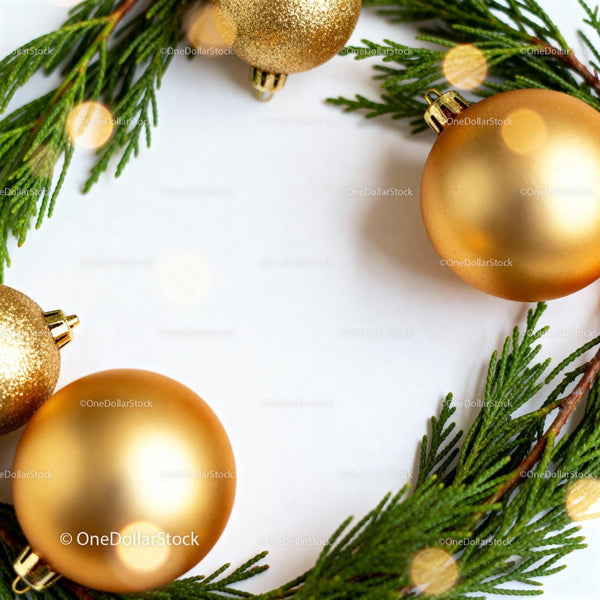 Festive golden baubles and green pine branches frame