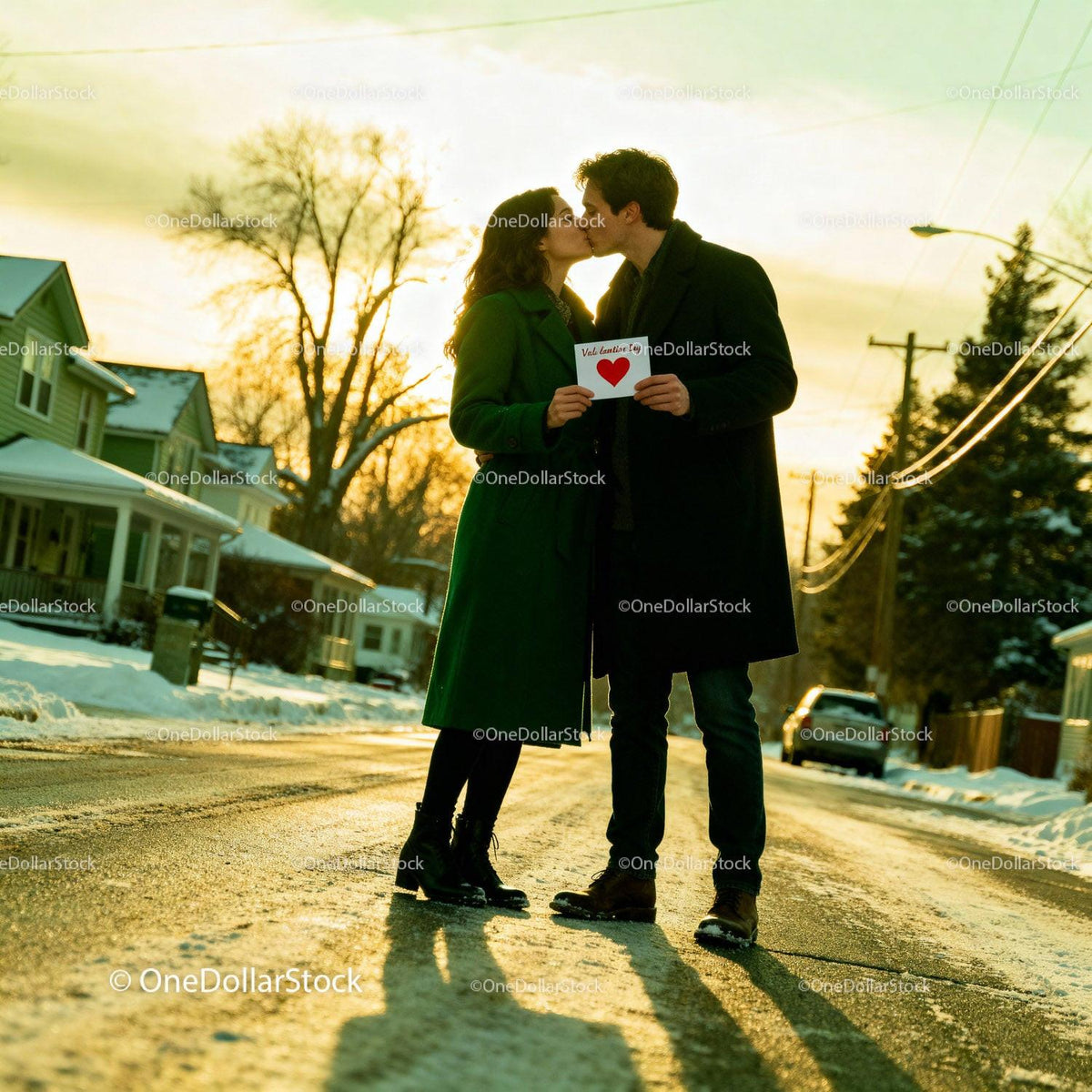 Couple Kissing on Snowy Street Holding Valentine Card