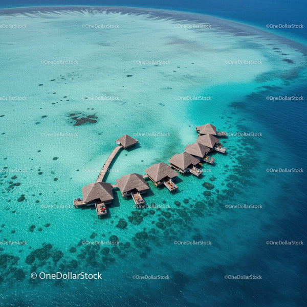 Overwater Bungalows with Clear Turquoise Water in Tropical Paradise