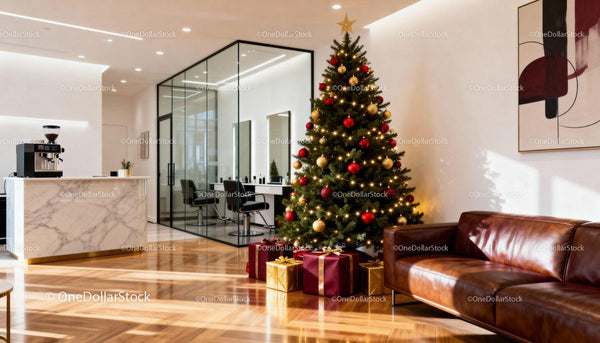 Modern office lounge with decorated Christmas tree and gifts