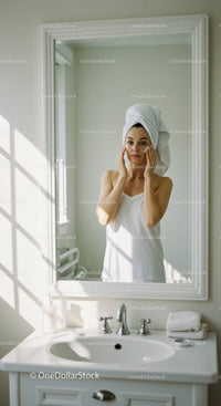 Woman Doing Skincare Routine in Bright Modern Bathroom