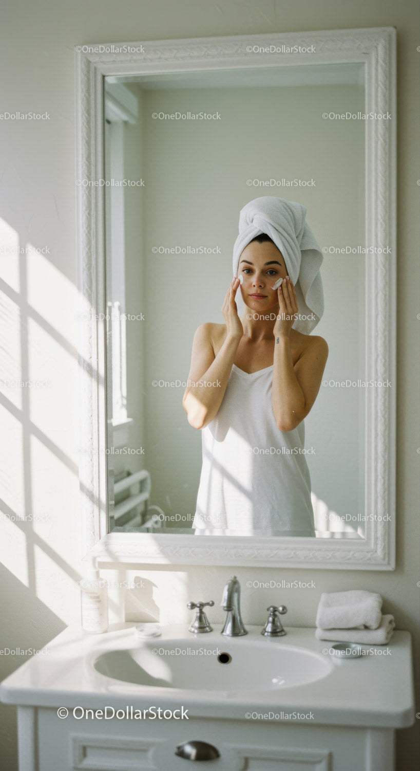 Woman Doing Skincare Routine in Bright Modern Bathroom