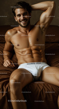 Smiling muscular man relaxing in white briefs on bed