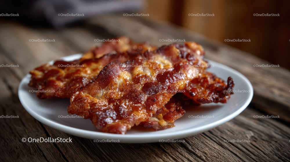 Crispy Bacon Strips on a Rustic Wooden Plate for Breakfast or Snack