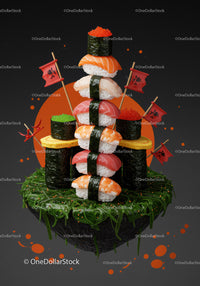 Creative sushi tower with vibrant fish roe and seaweed base