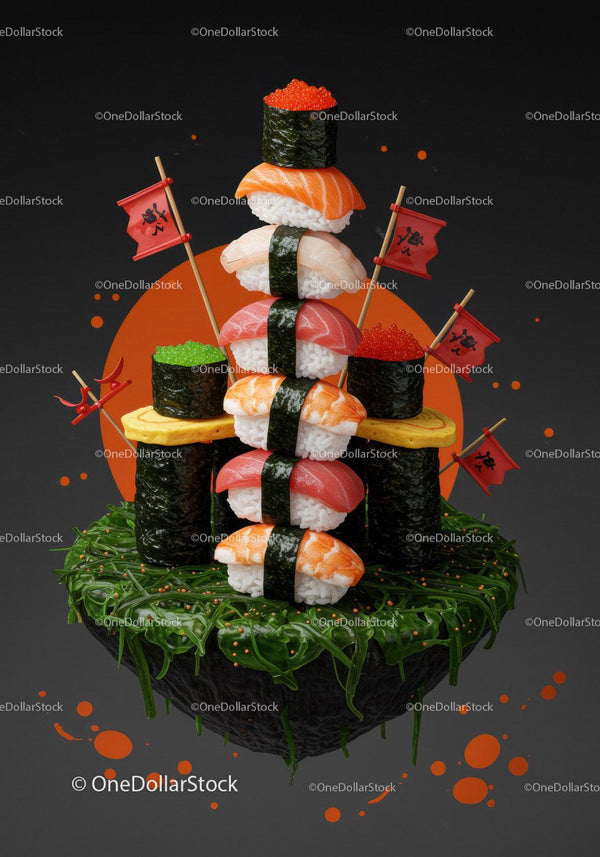 Creative sushi tower with vibrant fish roe and seaweed base