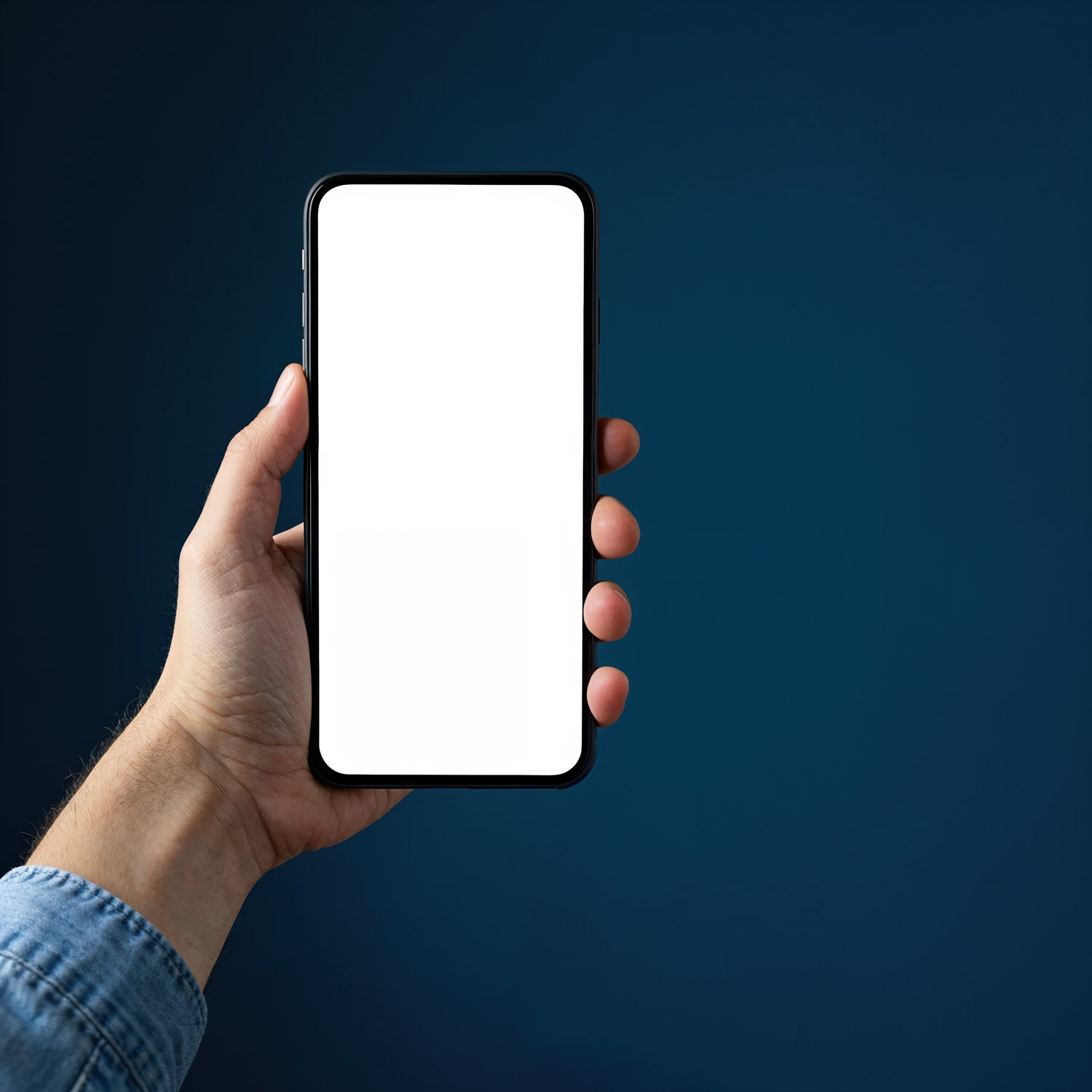 Ręka trzymająca smartfon z pustym, białym ekranem