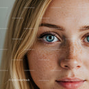 Close up of freckled young woman with bright blue eyes