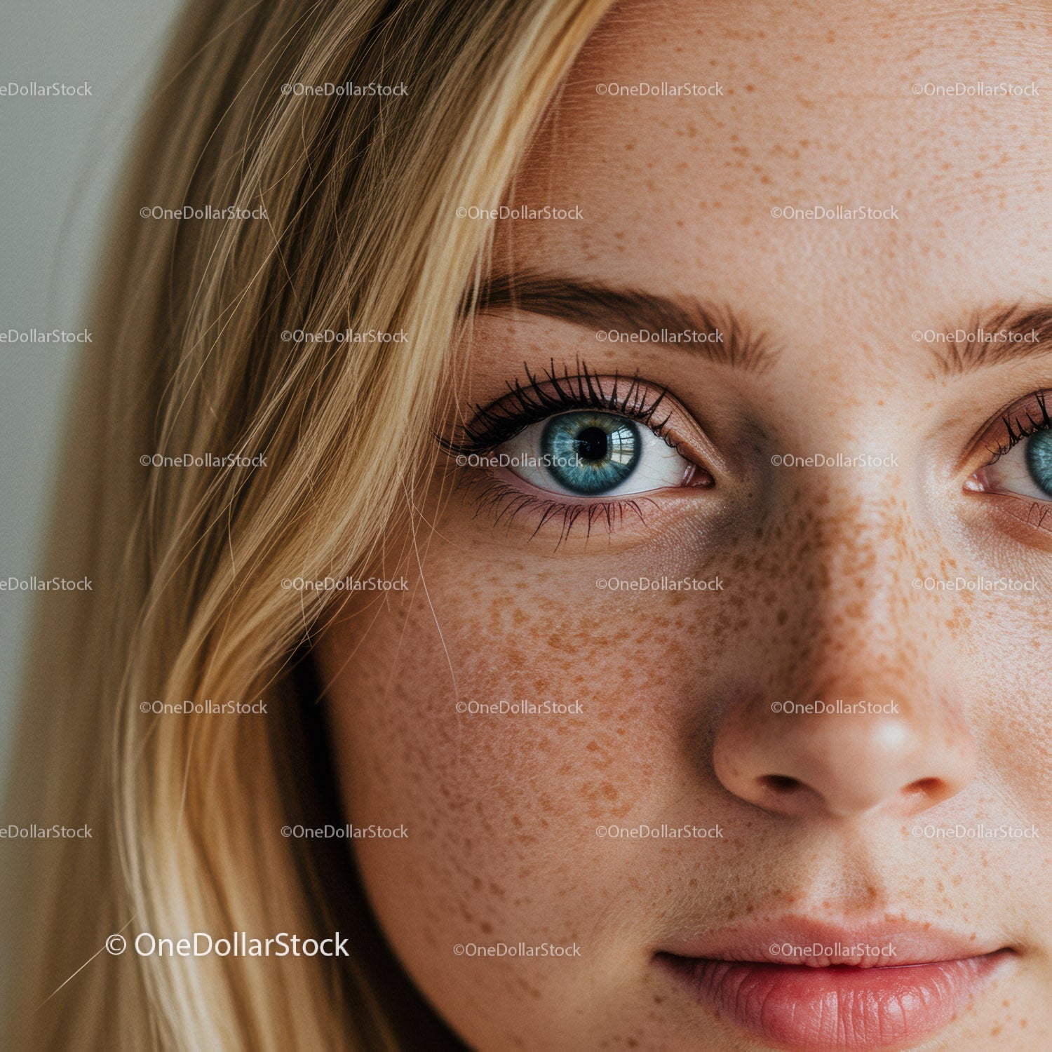 Close up of freckled young woman with bright blue eyes