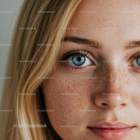 Close up of freckled young woman with bright blue eyes