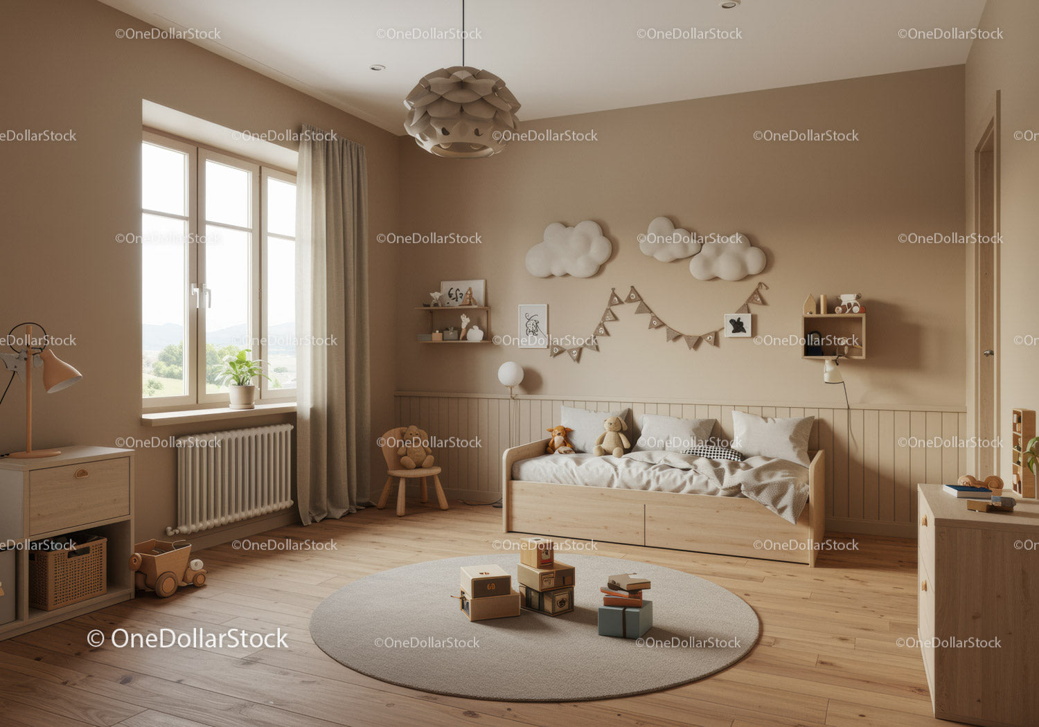 Minimalist Children's Bedroom with Cloud Wall Decor and Wooden Furniture