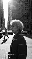 Elegant Elderly Woman Walking in Downtown City Street in Black and White