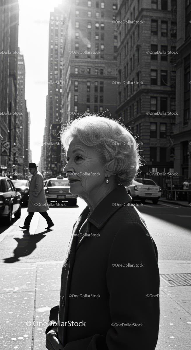 Elegant Elderly Woman Walking in Downtown City Street in Black and White