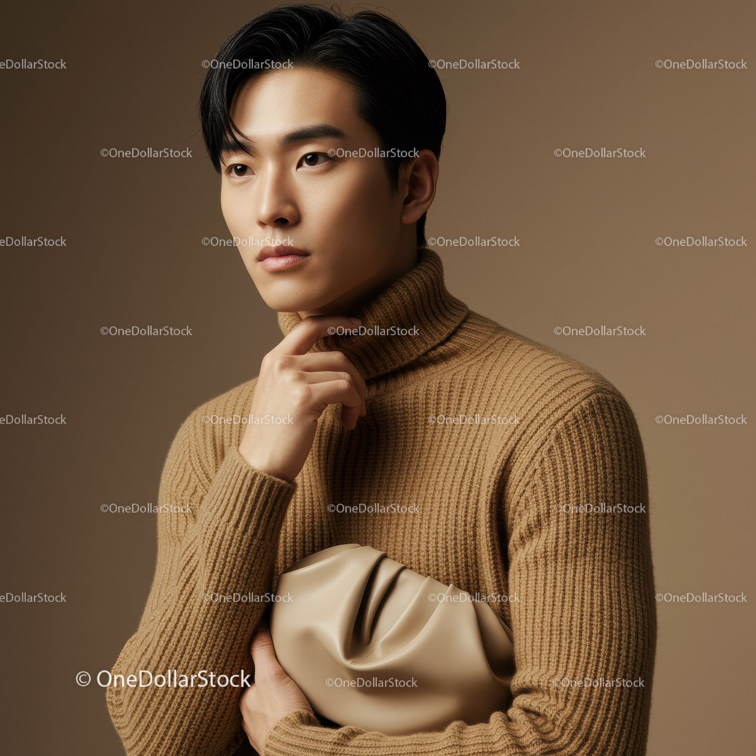Elegant Male Model in Beige Turtleneck Sweater for Fashion Photography