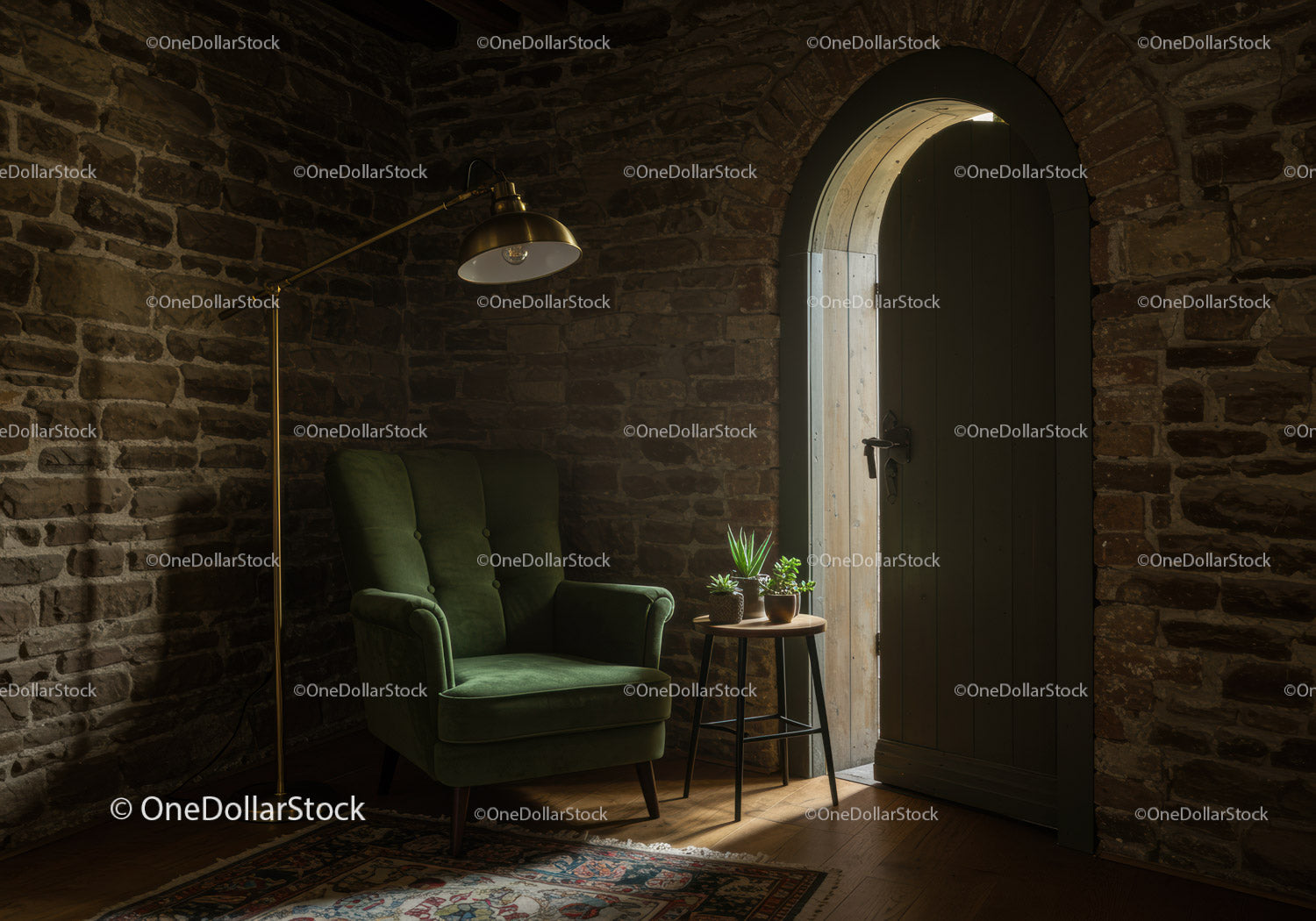 Cozy corner with green armchair and stone walls