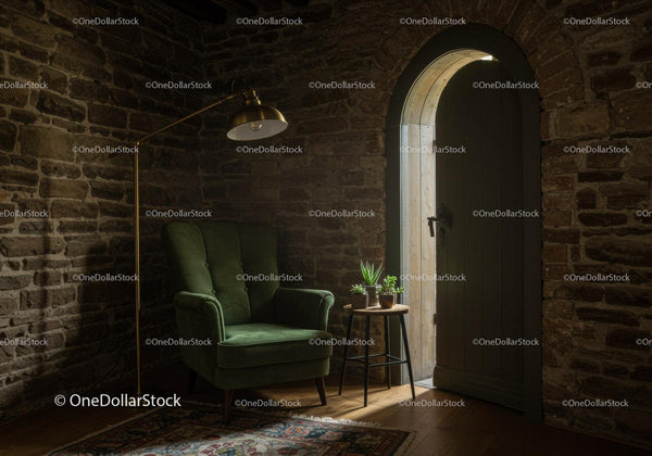 Cozy corner with green armchair and stone walls