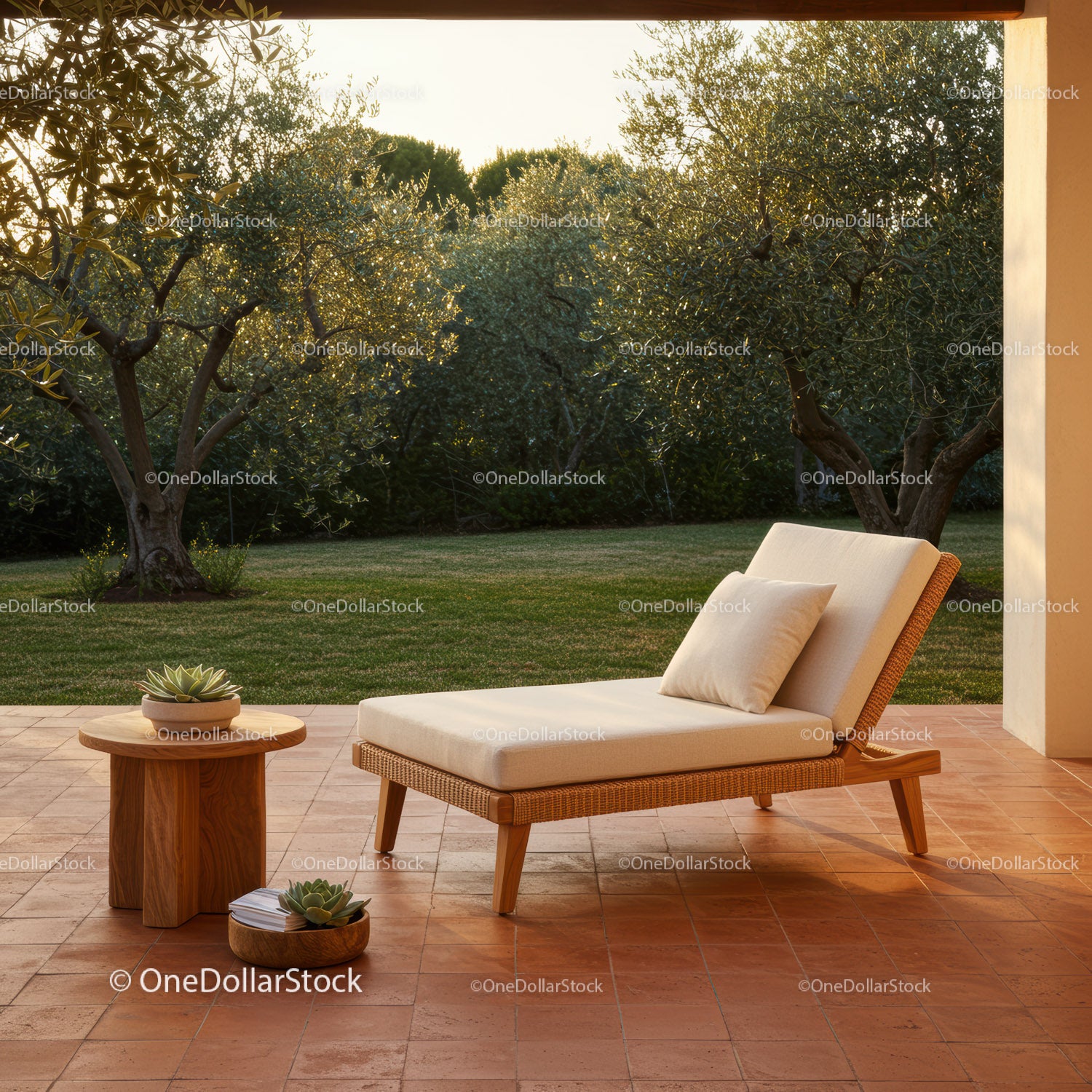 Relaxing Outdoor Lounge Chair in Sunlit Garden with Olive Trees