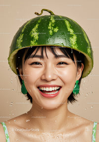 Smiling woman wearing fresh watermelon helmet with water drops
