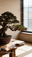 Indoor Bonsai Tree on Rustic Wooden Table by Window