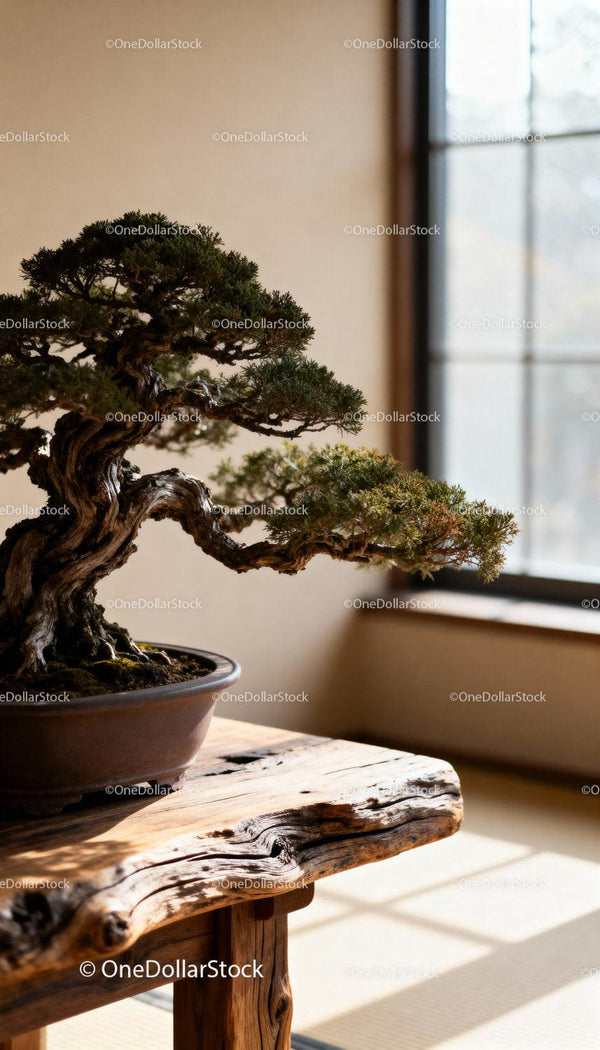 Bonsai w Domu na Rustykalnym Drewnianym Stole przy Oknie