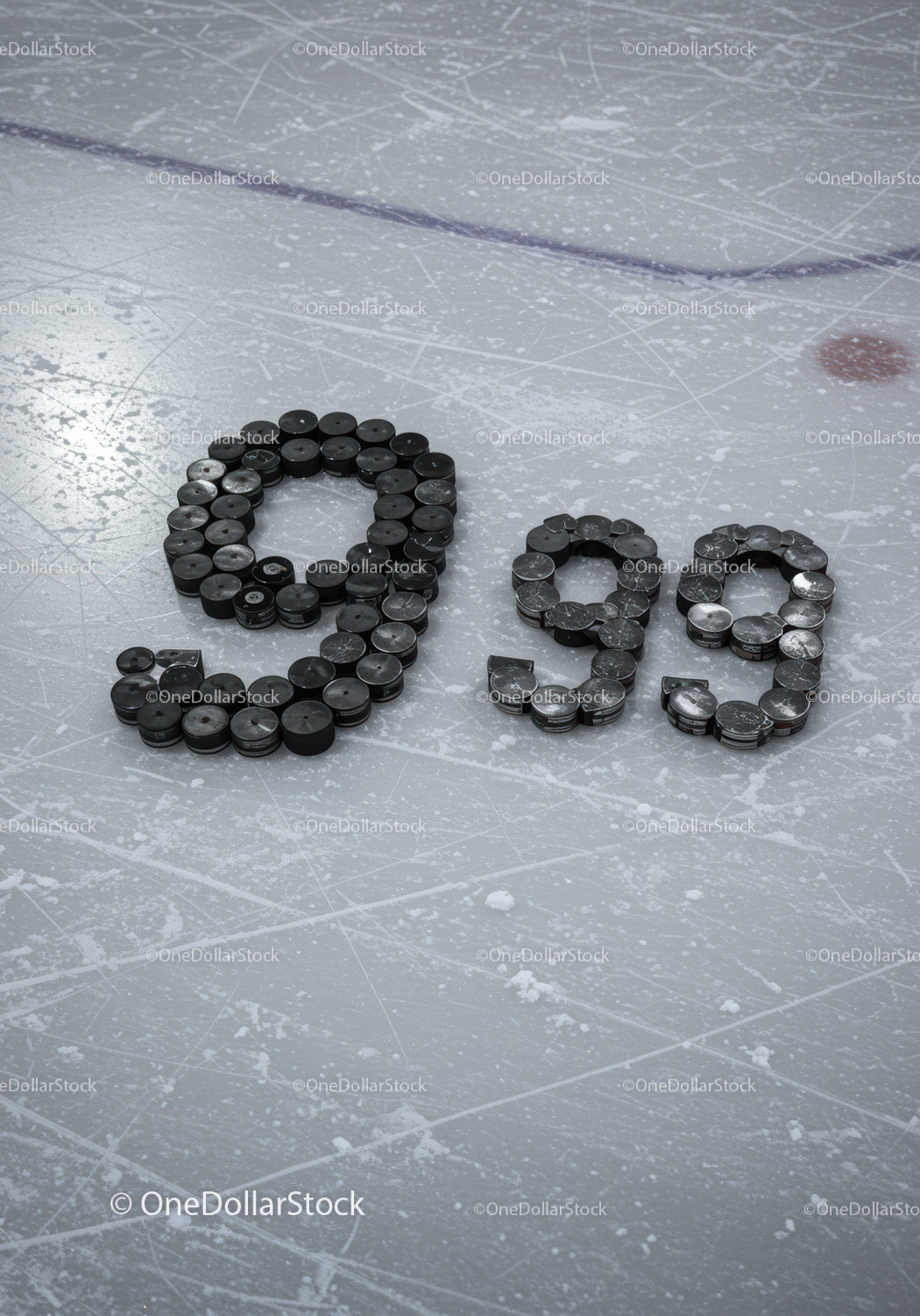 Numbers formed with hockey pucks on ice rink surface