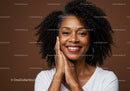 Confident Smiling Woman with Curly Hair and Hoop Earrings Portrait