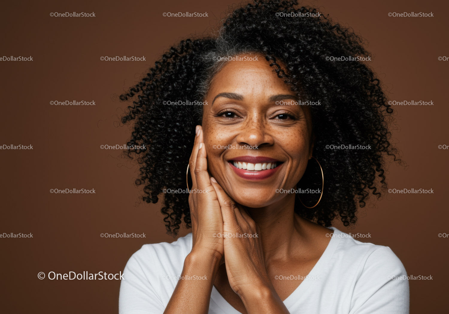 Confident Smiling Woman with Curly Hair and Hoop Earrings Portrait