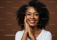 Confident Smiling Woman with Curly Hair and Hoop Earrings Portrait