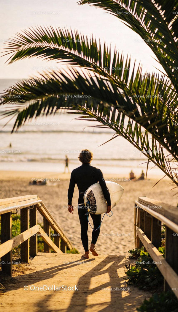 Surfer walking to the beach with surfboard at sunset