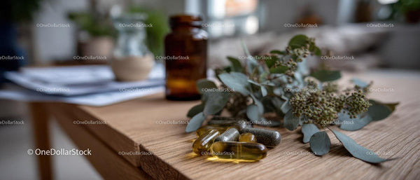 Herbal and Natural Supplements with Eucalyptus Leaves and Capsules