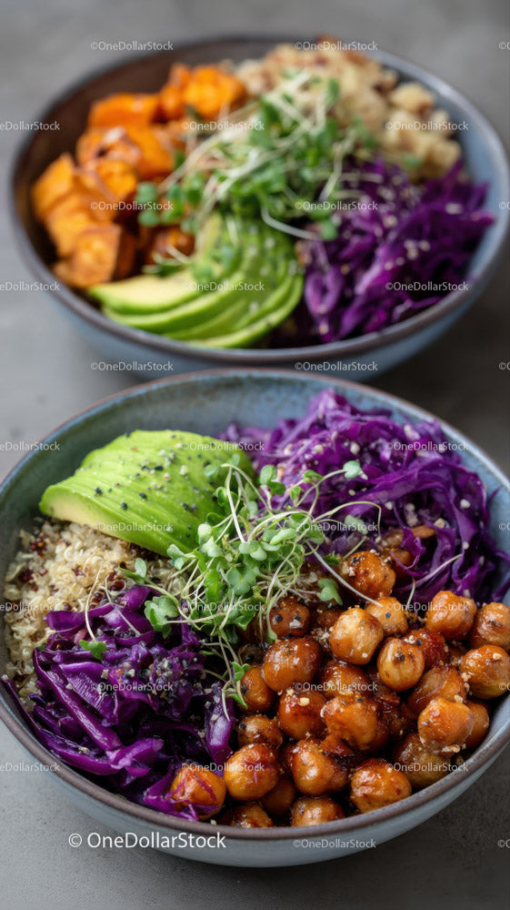 Colorful Vegan Bowl with Chickpeas, Avocado and Red Cabbage