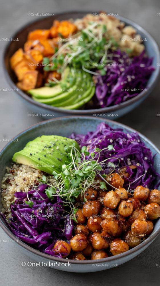 Colorful Vegan Bowl with Chickpeas, Avocado and Red Cabbage