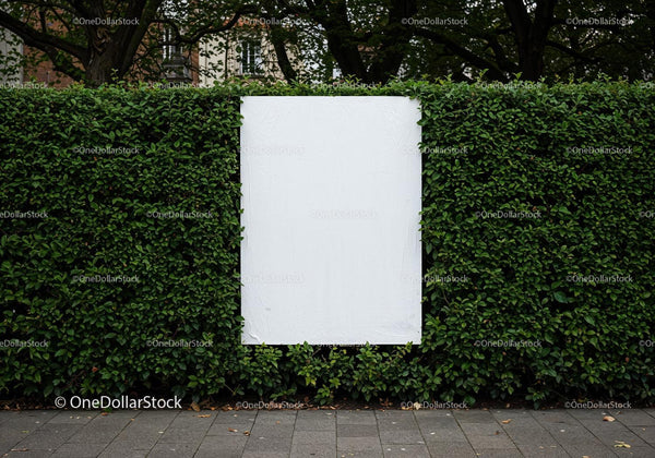 Blank white poster on vibrant green hedge outdoors JPG Mockup Image