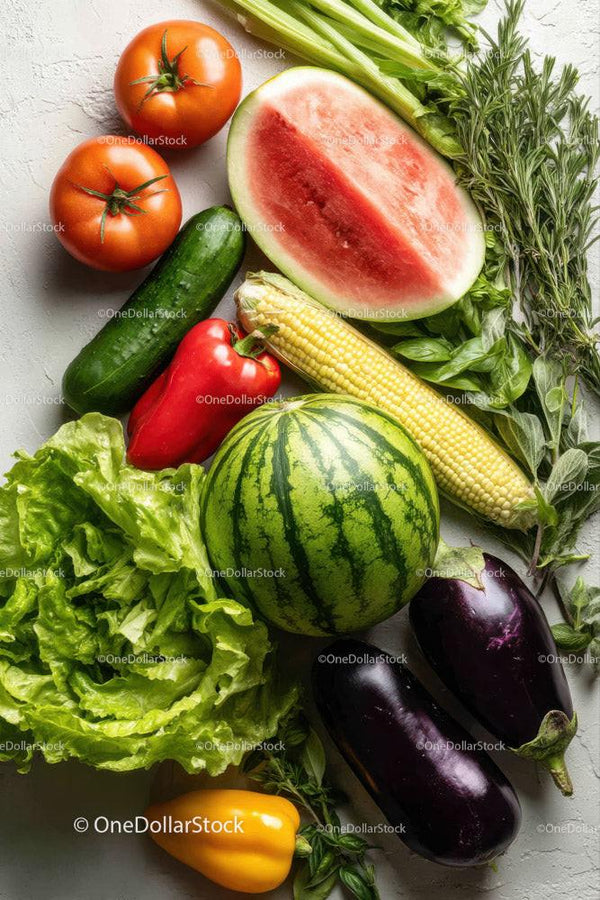 Fresh Watermelon, Tomatoes, Eggplant, and Vegetables Assortment