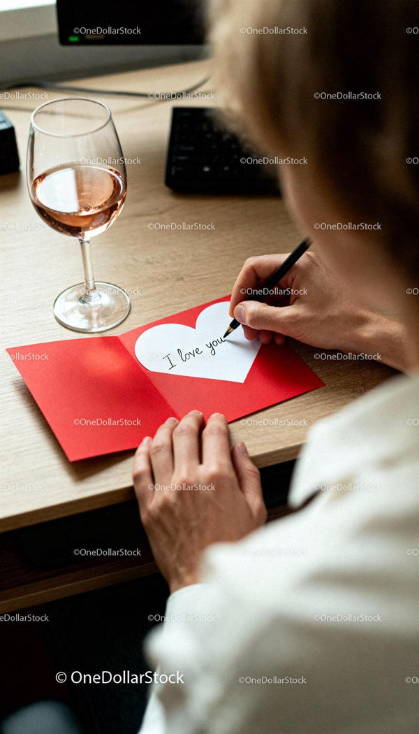Person Writing I Love You Note on Valentine Card