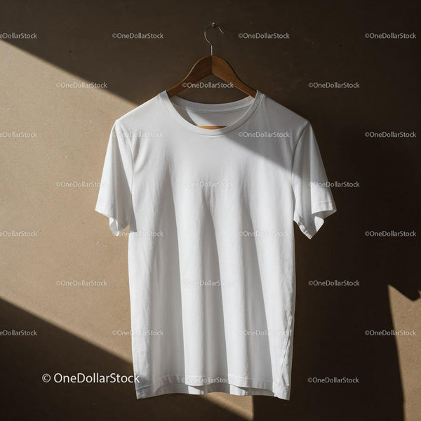 Plain White T-Shirt Hanging on Wooden Hanger JPG Mockup Image