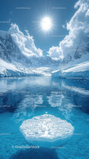 Majestic Snowy Mountains and Glacial Fjord under Bright Sun