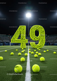 Tennis Balls Forming Number Forty Nine on Court at Night