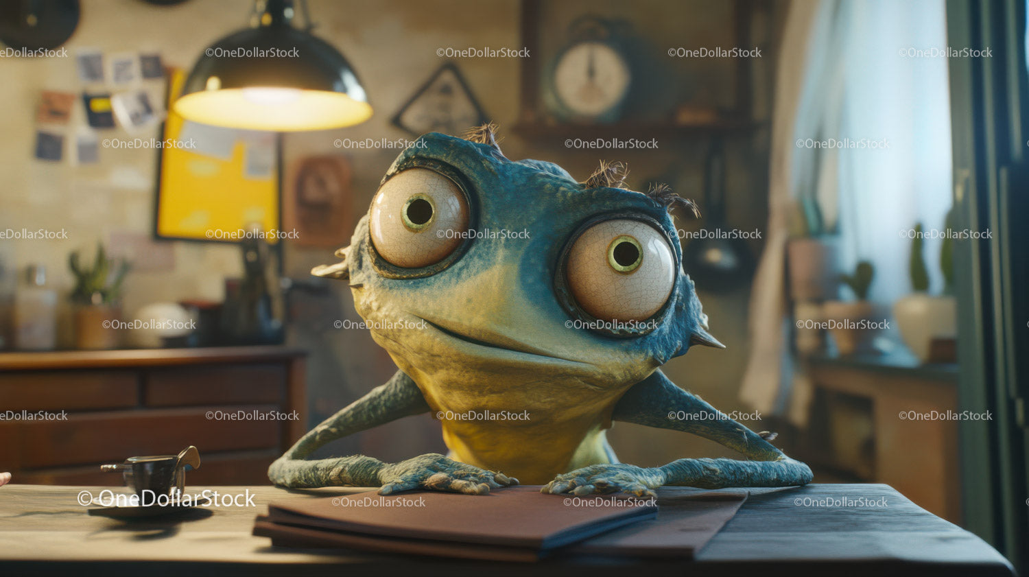 Colorful Cartoon Chameleon with Big Eyes in Creative Setting