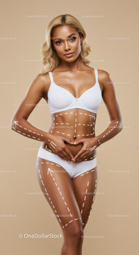 Beautiful Woman in White Lingerie with Body Markings and Confident Expression