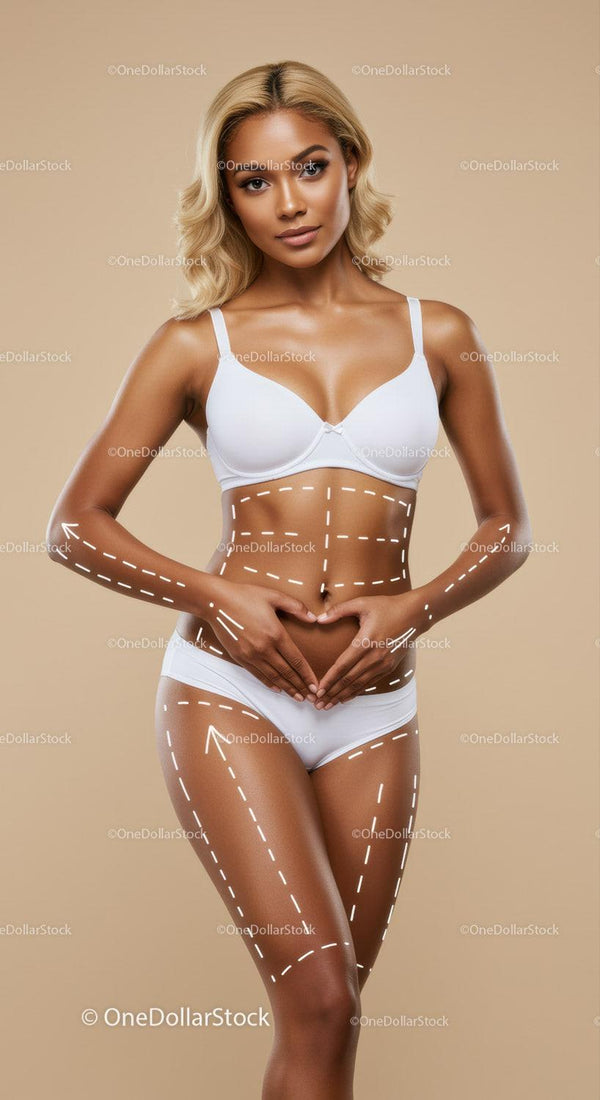 Beautiful Woman in White Lingerie with Body Markings and Confident Expression