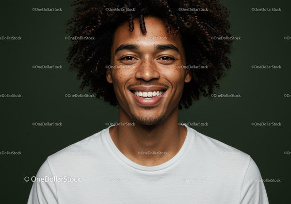 Happy Young Man with Curly Hair Smiling in Creative Studio Portrait