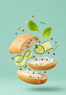 Fresh sandwich ingredients levitating on pastel background