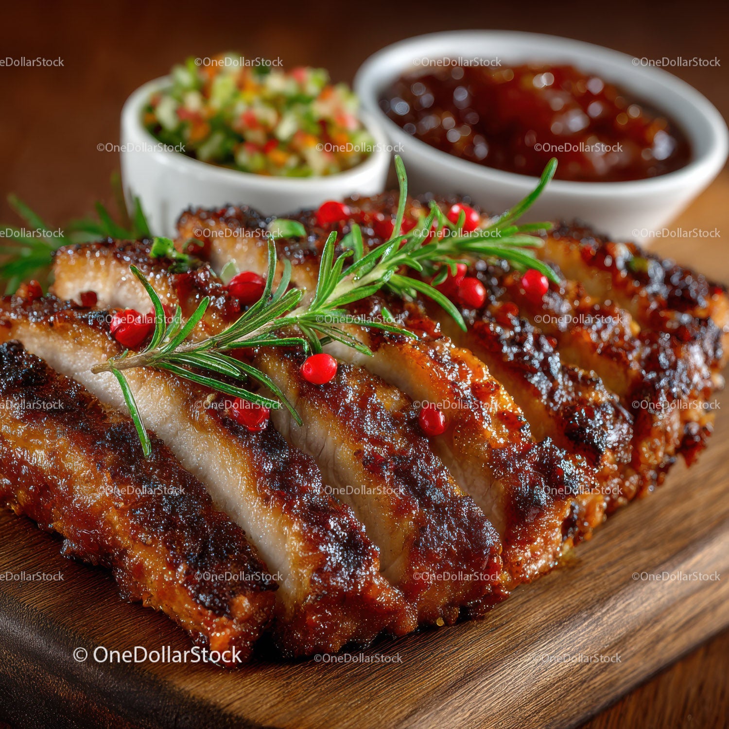 Grilled Pork Ribs with Rosemary and Berry Sauces on Wooden Platter