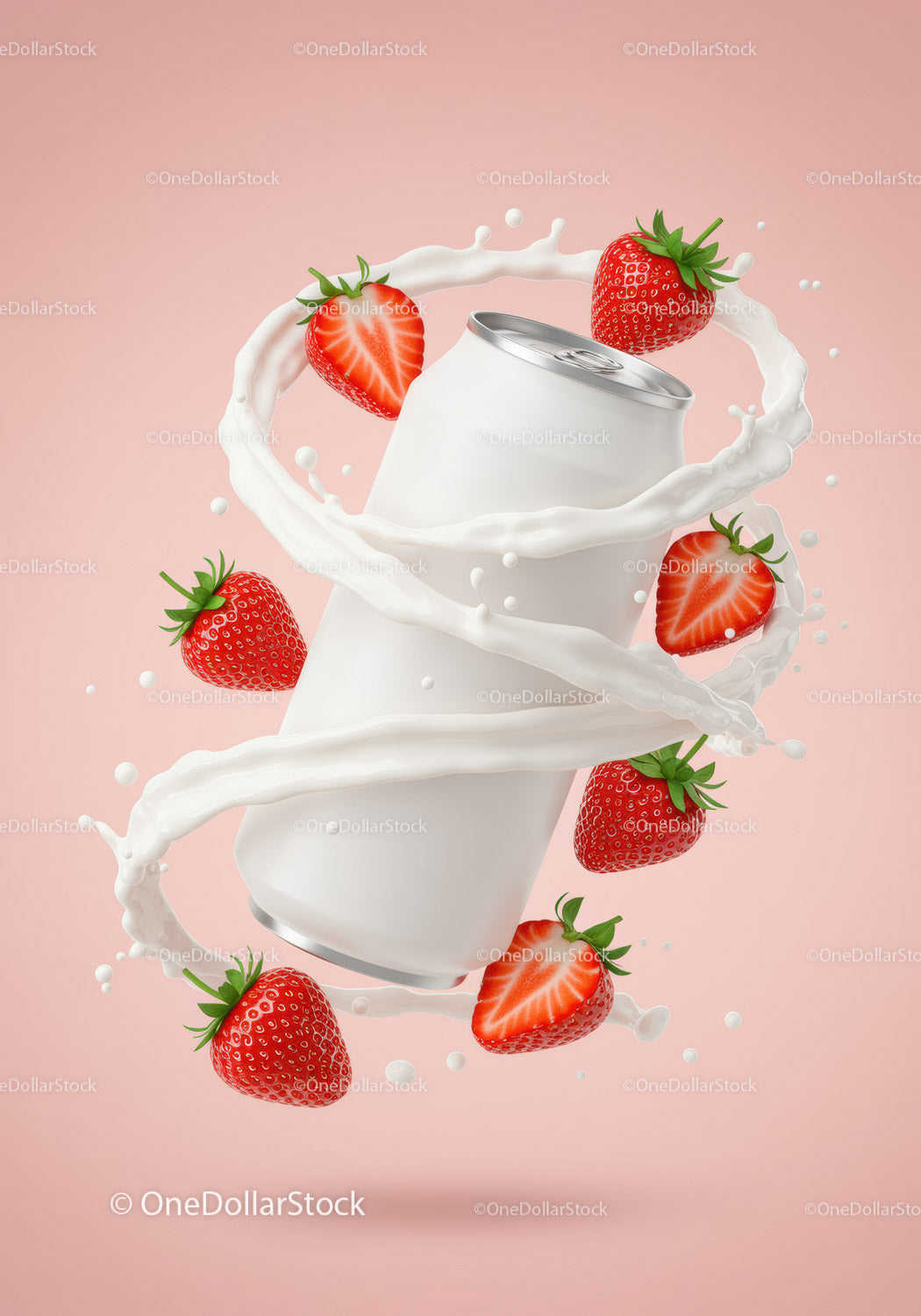 Refreshing strawberry drink can with milk splash