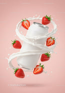 Refreshing strawberry drink can with milk splash