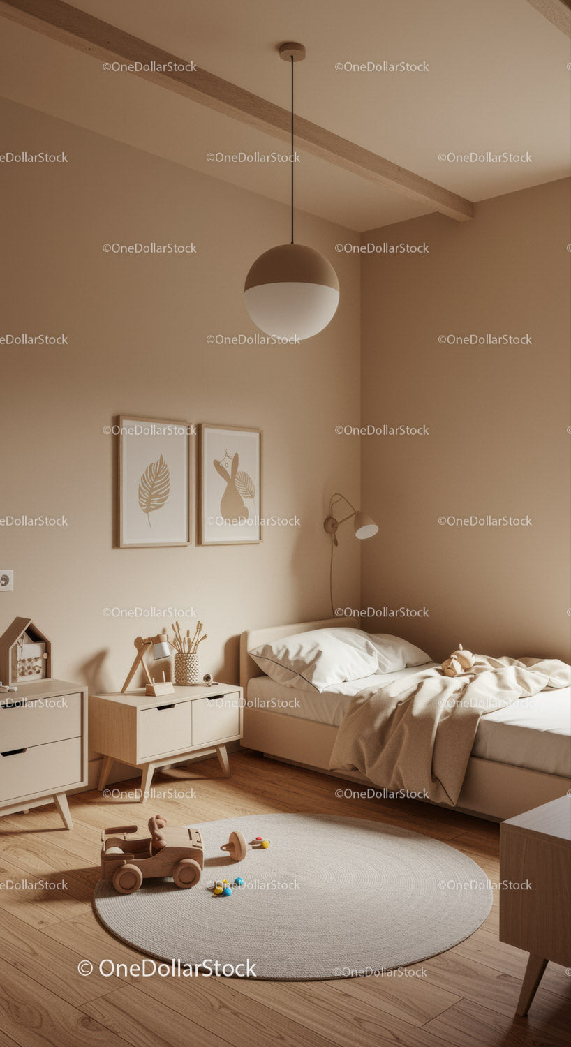 Cozy Neutral Kids Bedroom with Minimalist Decor and Wooden Furniture