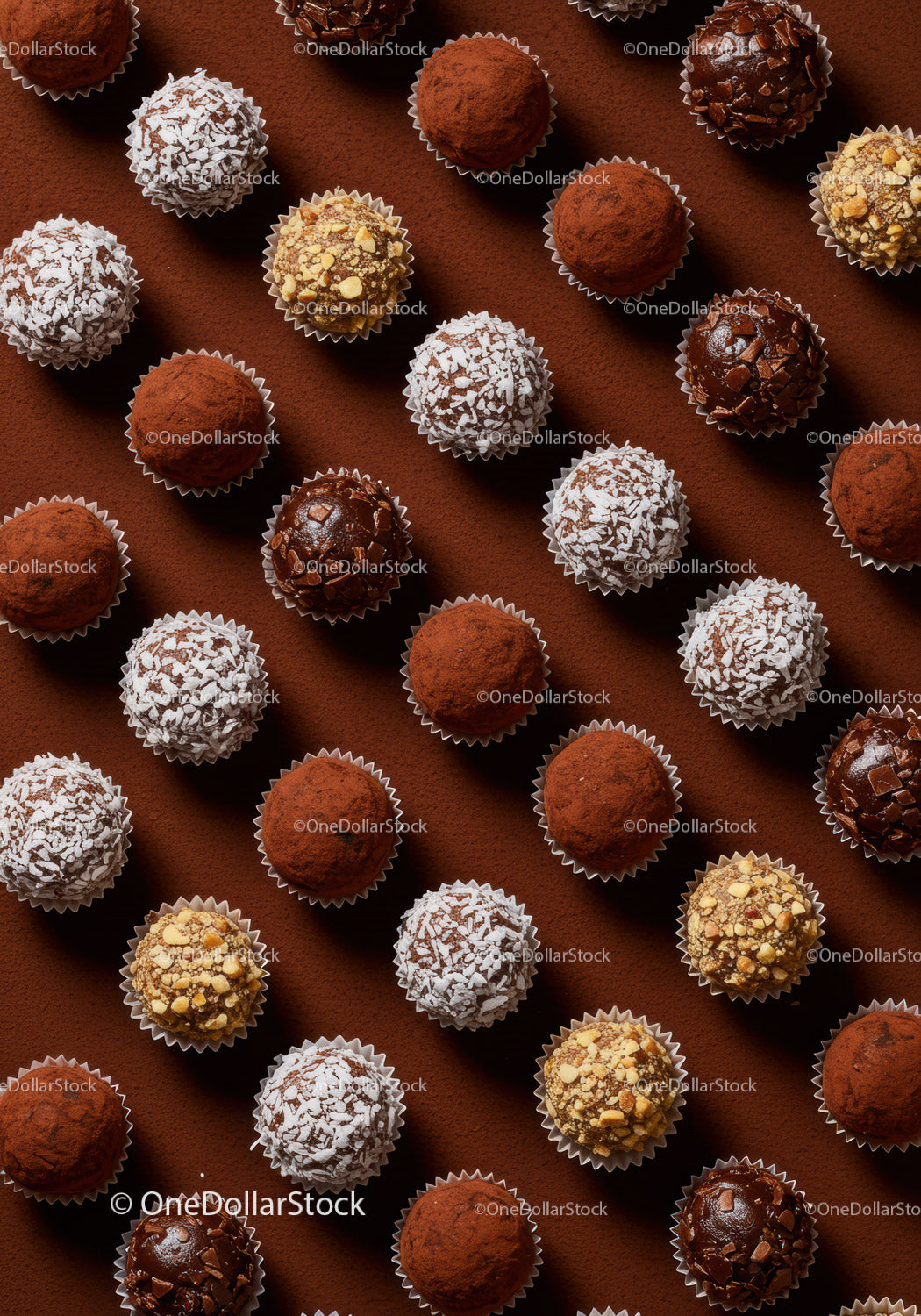 Assortment of gourmet chocolate truffles on brown surface